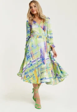 Women's Midi Wrap Dress in Green with V Neck, Side Tie, Flouncy Cuffs - Perfect for Every Occasion by Liquorish