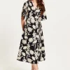 Women's Midi Wrap Dress in Floral Print with Kimono Sleeves - V Neck, Tie Waist, Adjustable Fit - Liquorish