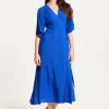 Women's Midi Wrap Dress in Royal Blue with Kimono Sleeves and Matching Tie Waist - Liquorish