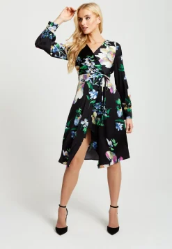 Women's Midi Wrap Dress in Black with Long Balloon Sleeves Featuring Floral Print by Liquorish