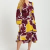 Women's Midi Wrap Dress in Mustard and Burgundy with Long Balloon Sleeves - Elegant Satin by Liquorish