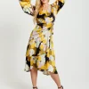Women's Midi Wrap Dress in Earth Tone Floral with Long Balloon Sleeves & Frill Details - Liquorish