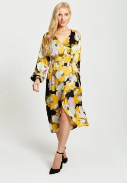 Women's Midi Wrap Dress in Earth Tone Floral Print with Long Balloon Sleeves – Stylish Elegance by Liquorish