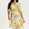 Women's Midi Wrap Dress in Yellow with Kimono Sleeves and Abstract Print - Stylish Design by Liquorish