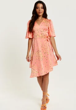 Women's Midi Wrap Dress in Peach with V-Neck, Side Tie, Kimono Sleeves - Stylish and Comfortable by Liquorish