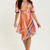 Women's Midi Wrap Dress in Orange with V Neck, Kimono Sleeves, and Abstract Print - Stylish Design by Liquorish