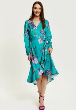 Women's Midi Wrap Dress in Green with Long Sleeve Slits, V Neck Style - Floral Print by Liquorish