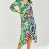Women's Midi Wrap Dress in Green Floral and Animal Contrast Print - Long Sleeves with Waist Wrap Detail by Liquorish