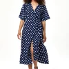 Women's Midi Wrap Dress in Navy with Kimono Sleeves - Chic Big Polka Dot Design by Liquorish