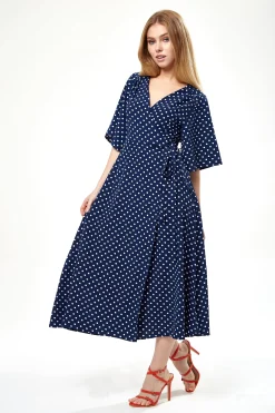 Women's Midi Wrap Dress in Navy with Kimono Sleeves - Elegant Design for Effortless Style by Liquorish