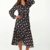 Women’s Midi Wrap Dress in Black & White with Full Length Balloon Sleeves - Liquorish