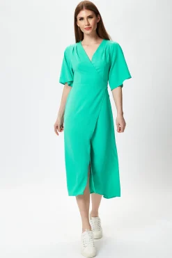 Women's Midi Wrap Dress in Mint Green with Short Kimono Sleeves - Elegant Style by Liquorish