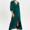 Women's Midi Wrap Dress in Dark Green with Short Puff Sleeves - Elegant Design by Liquorish