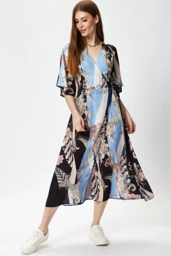 Women's Midi Wrap Dress in Floral Print with Short Kimono Sleeves - Stylish Design to Elevate Your Wardrobe by Liquorish