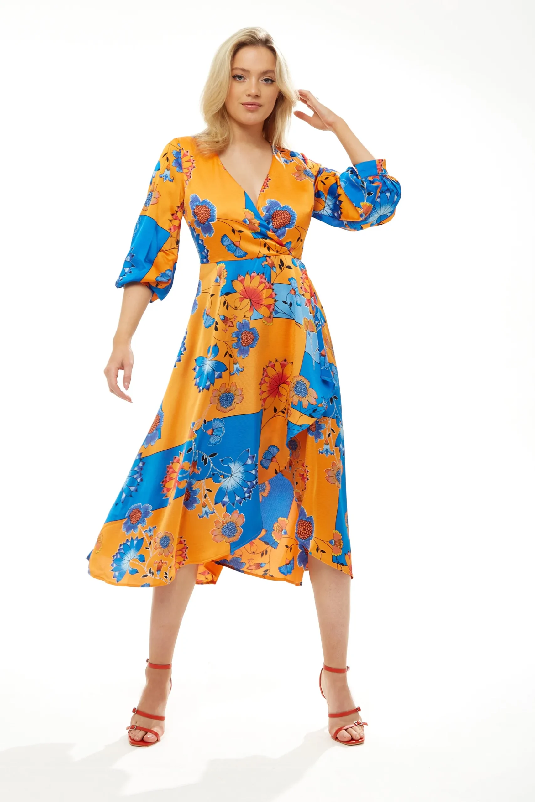 Women's Midi Wrap Dress in Orange & Blue Floral Print with Balloon Sleeves - Asymmetric Style - Luxe Liquorish