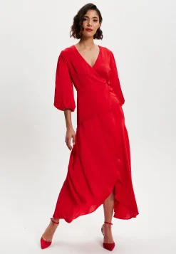 Women's Midi Wrap Dress in Red with Short Puff Sleeves - Elegant Design for Any Occasion by Liquorish