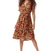 Women’s Midi Wrap Dress in Vibrant Orange and Red Floral Print with Short Sleeves - Chic Tie Waist by Liquorish