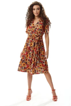 Women’s Midi Wrap Dress in Vibrant Orange and Red Floral Print with Short Sleeves - Chic Tie Waist by Liquorish