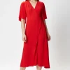 Women's Midi Wrap Dress in Red with Short Kimono Sleeves - Adjustable Tie Waist and V-Neckline by Liquorish