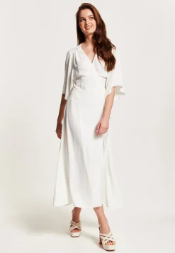 Women's Midi Wrap Dress in White - Short Kimono Sleeves with Matching Tie Waist for a Flattering Fit by Liquorish