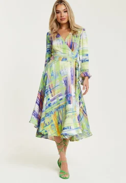 Women's Midi Wrap Dress in Green with V Neck, Side Tie, Flouncy Cuffs - Perfect for Every Occasion by Liquorish