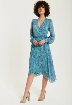 Women's Midi Wrap Dress in Blue with Long Sleeves, Animal Print Design and Tie Waist by Liquorish