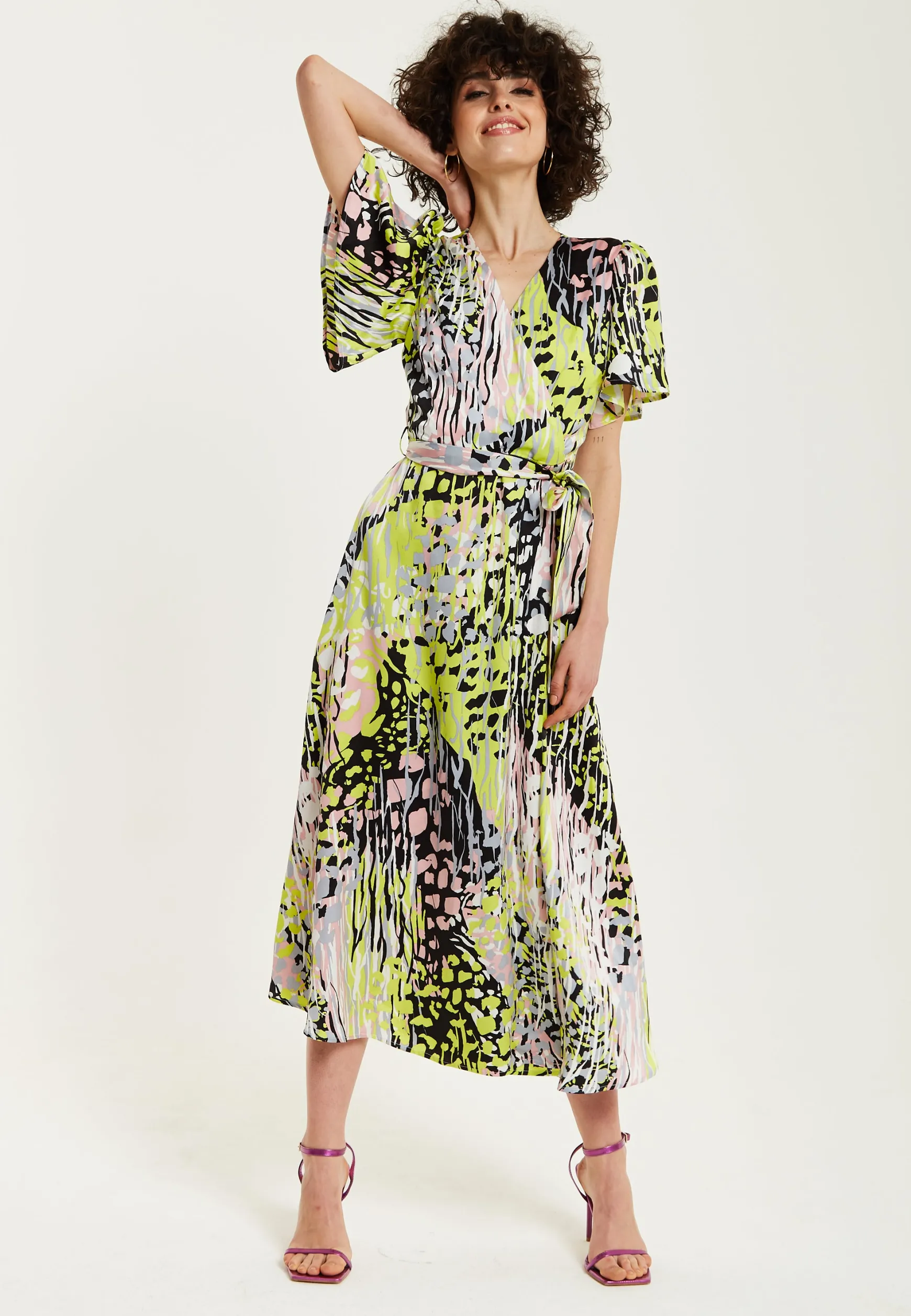 Women's Midi Wrap Dress in Vibrant Multicolour Abstract Print with Short Sleeves - Liquorish