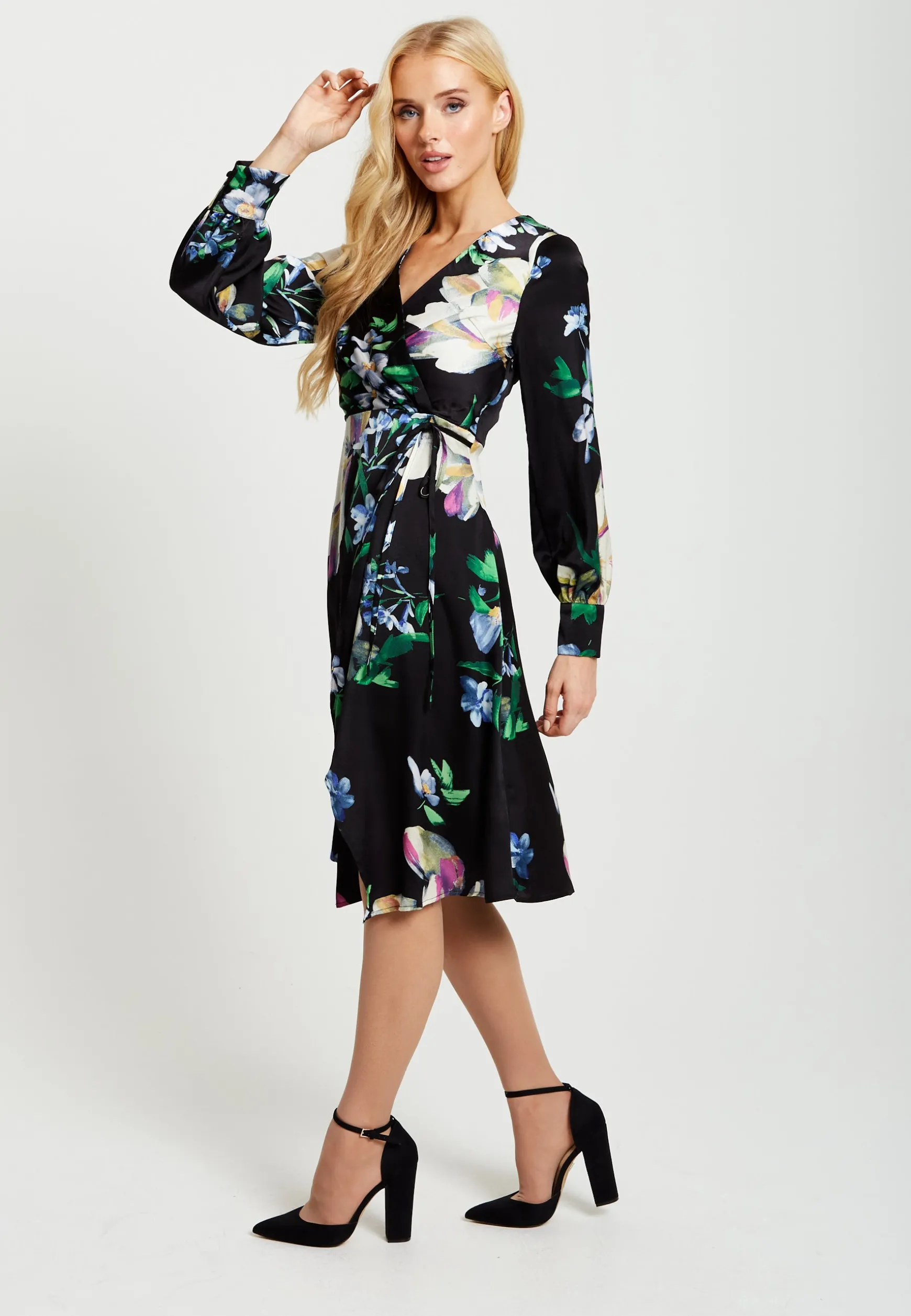 Women's Midi Wrap Dress in Black with Long Balloon Sleeves Featuring Floral Print by Liquorish