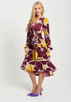 Women's Midi Wrap Dress in Mustard and Burgundy with Long Balloon Sleeves - Elegant Satin by Liquorish