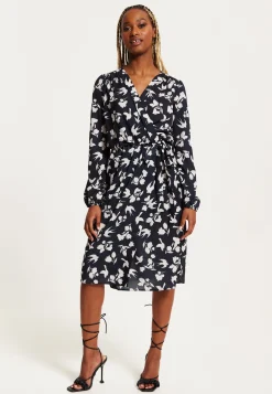 Women's Midi Wrap Dress in Navy with Long Sleeves and Floral & Bird Print - Chic Style by Liquorish