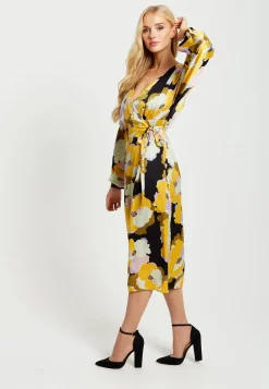 Women's Midi Wrap Dress in Earth Tone Floral Print with Long Balloon Sleeves – Stylish Elegance by Liquorish
