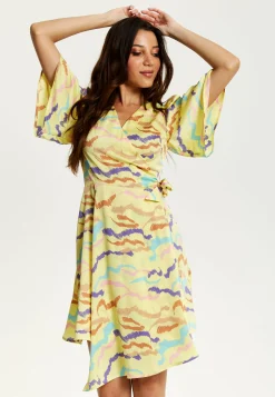 Women's Midi Wrap Dress in Yellow with Kimono Sleeves and Abstract Print - Stylish Design by Liquorish