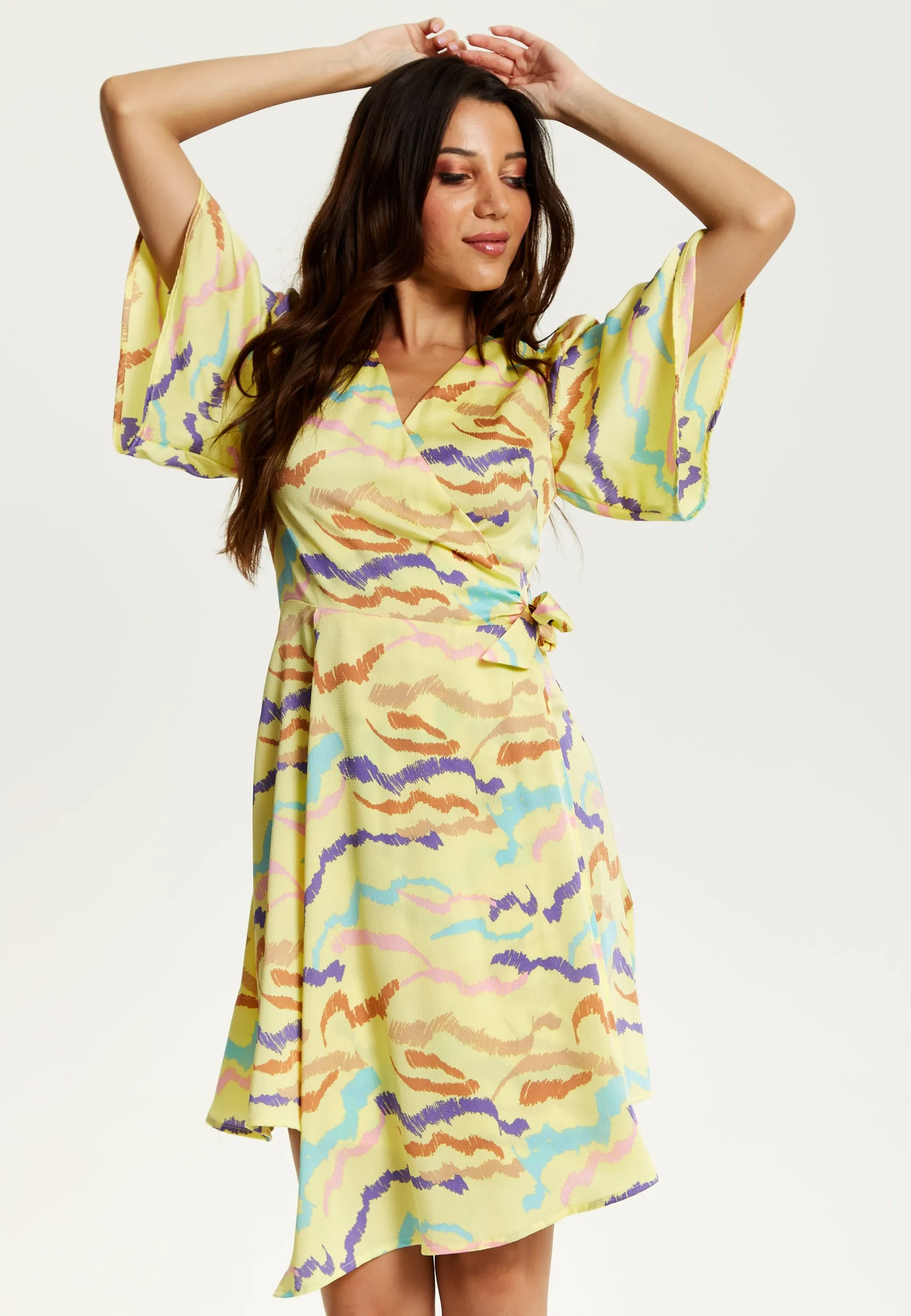 Women's Midi Wrap Dress in Yellow with Kimono Sleeves and Abstract Print - Stylish Design by Liquorish
