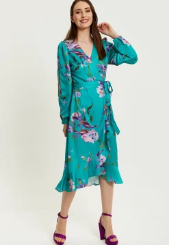 Women's Midi Wrap Dress in Green with Long Sleeve Slits, V Neck Style - Floral Print by Liquorish