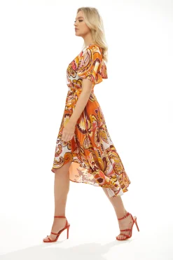 Women's Midi Wrap Dress in Vibrant Orange Floral with Short Sleeves - Stylish Design by Liquorish