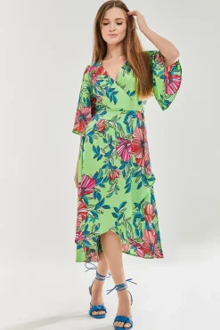 Women's Midi Wrap Dress in Green with Flared Sleeves - Elegant Floral Design by Liquorish