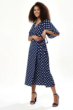 Women's Midi Wrap Dress in Navy with Kimono Sleeves - Chic Big Polka Dot Design by Liquorish