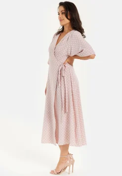 Women’s Midi Wrap Dress in Light Pink with Kimono Sleeves - Elegant Design by Liquorish