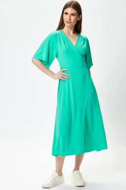Women's Midi Wrap Dress in Mint Green with Short Kimono Sleeves - Elegant Style by Liquorish