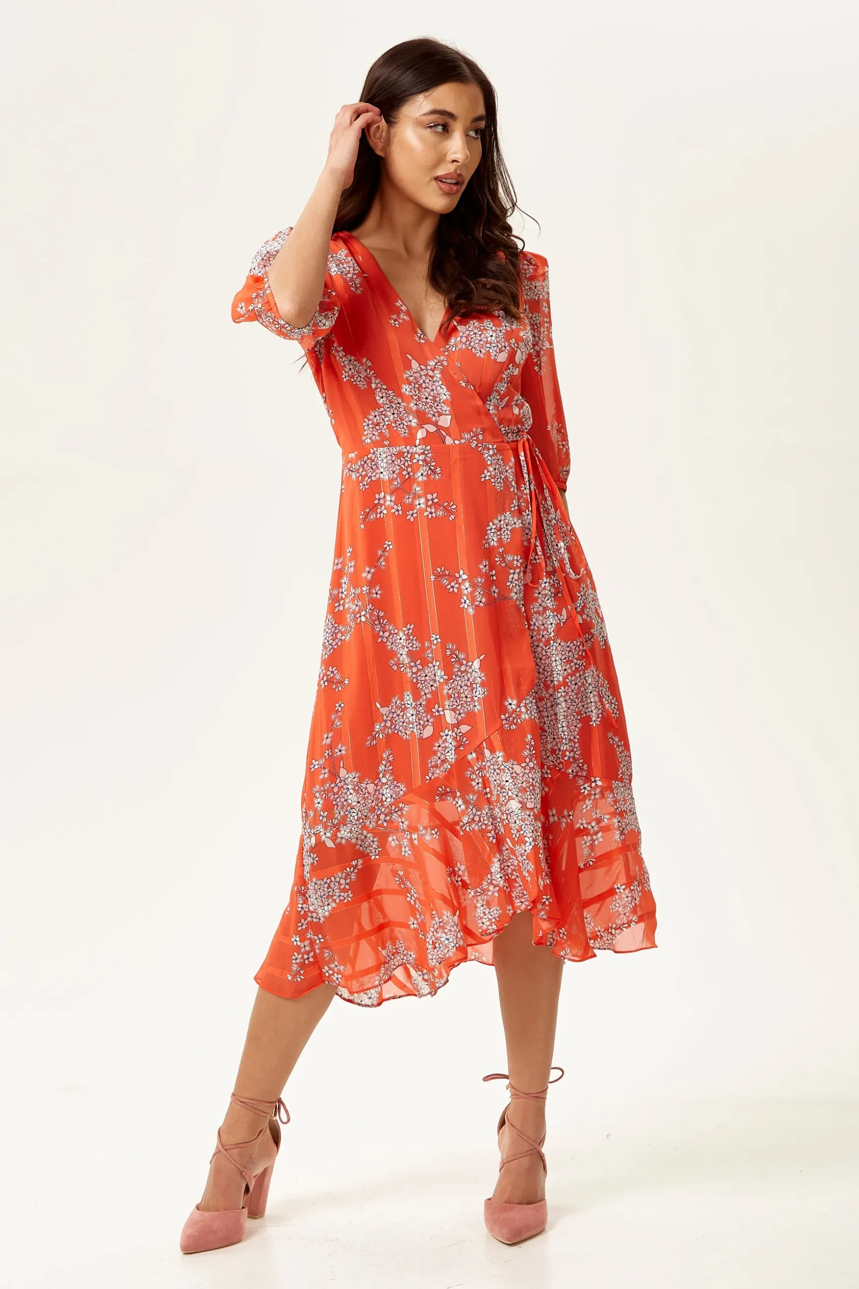 Women's Midi Wrap Dress in Red Floral Print with Short Sleeves - Elegant Design by Liquorish