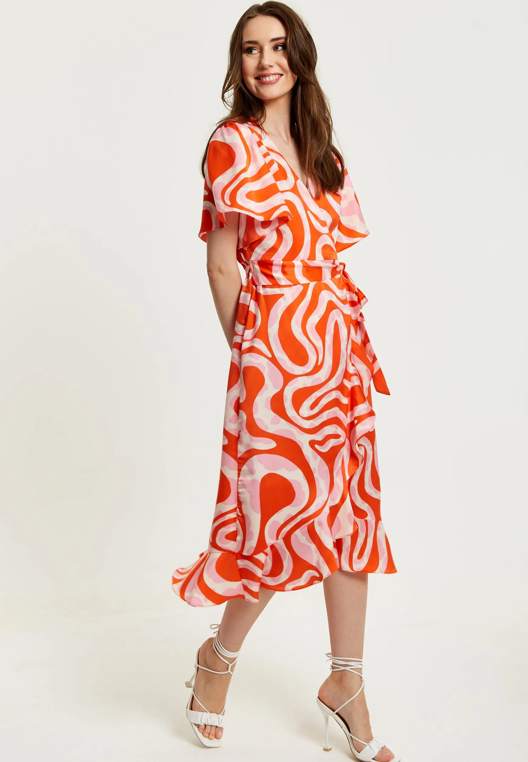Women's Midi Wrap Dress in Pink and Red Abstract Print with Short Sleeves - Flattering V Neck and Tie Waist by Liquorish
