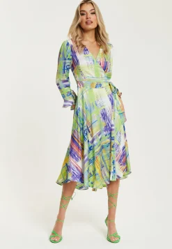 Women's Midi Wrap Dress in Green with V Neck, Side Tie, Flouncy Cuffs - Perfect for Every Occasion by Liquorish