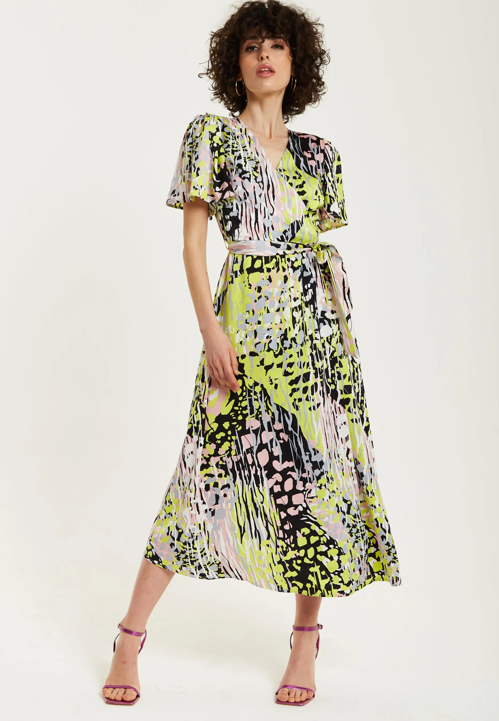 Women's Midi Wrap Dress in Vibrant Multicolour Abstract Print with Short Sleeves - Liquorish