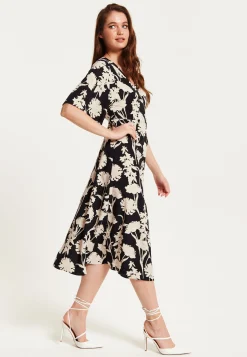 Women's Midi Wrap Dress in Floral Print with Kimono Sleeves - V Neck, Tie Waist, Adjustable Fit - Liquorish