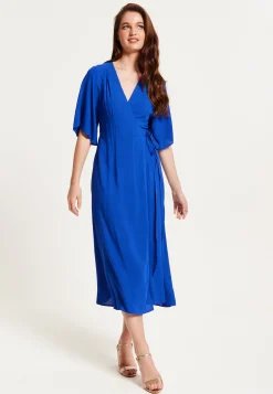 Women's Midi Wrap Dress in Royal Blue with Kimono Sleeves and Matching Tie Waist - Liquorish