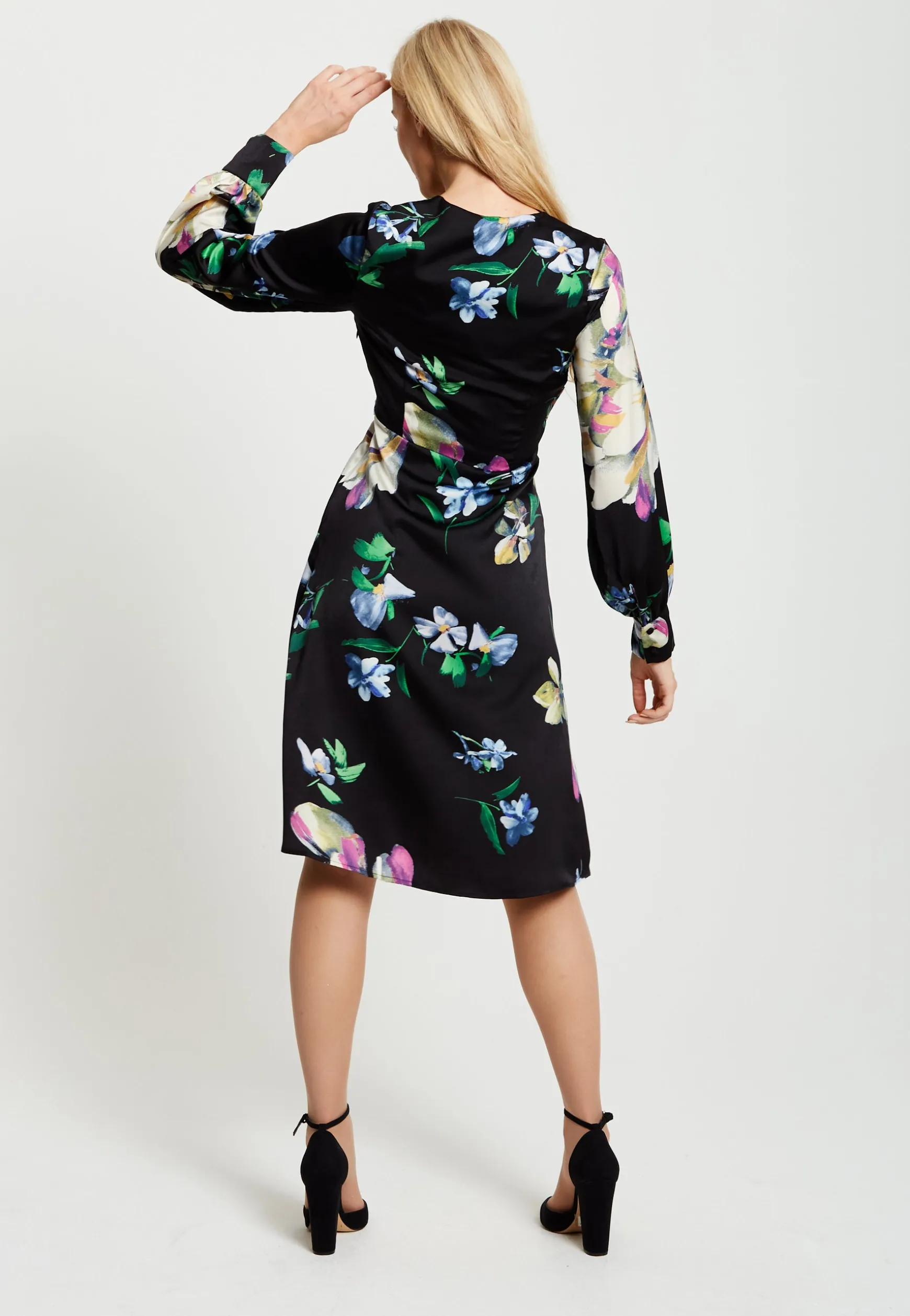 Women's Midi Wrap Dress in Black with Long Balloon Sleeves Featuring Floral Print by Liquorish