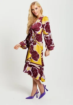 Women's Midi Wrap Dress in Mustard and Burgundy with Long Balloon Sleeves - Elegant Satin by Liquorish