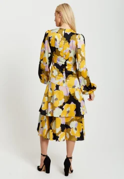 Women's Midi Wrap Dress in Earth Tone Floral with Long Balloon Sleeves & Frill Details - Liquorish