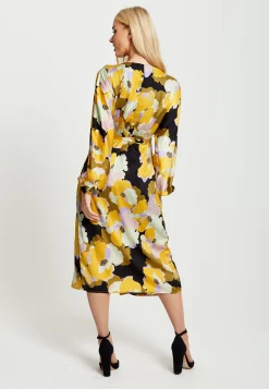 Women's Midi Wrap Dress in Earth Tone Floral Print with Long Balloon Sleeves – Stylish Elegance by Liquorish