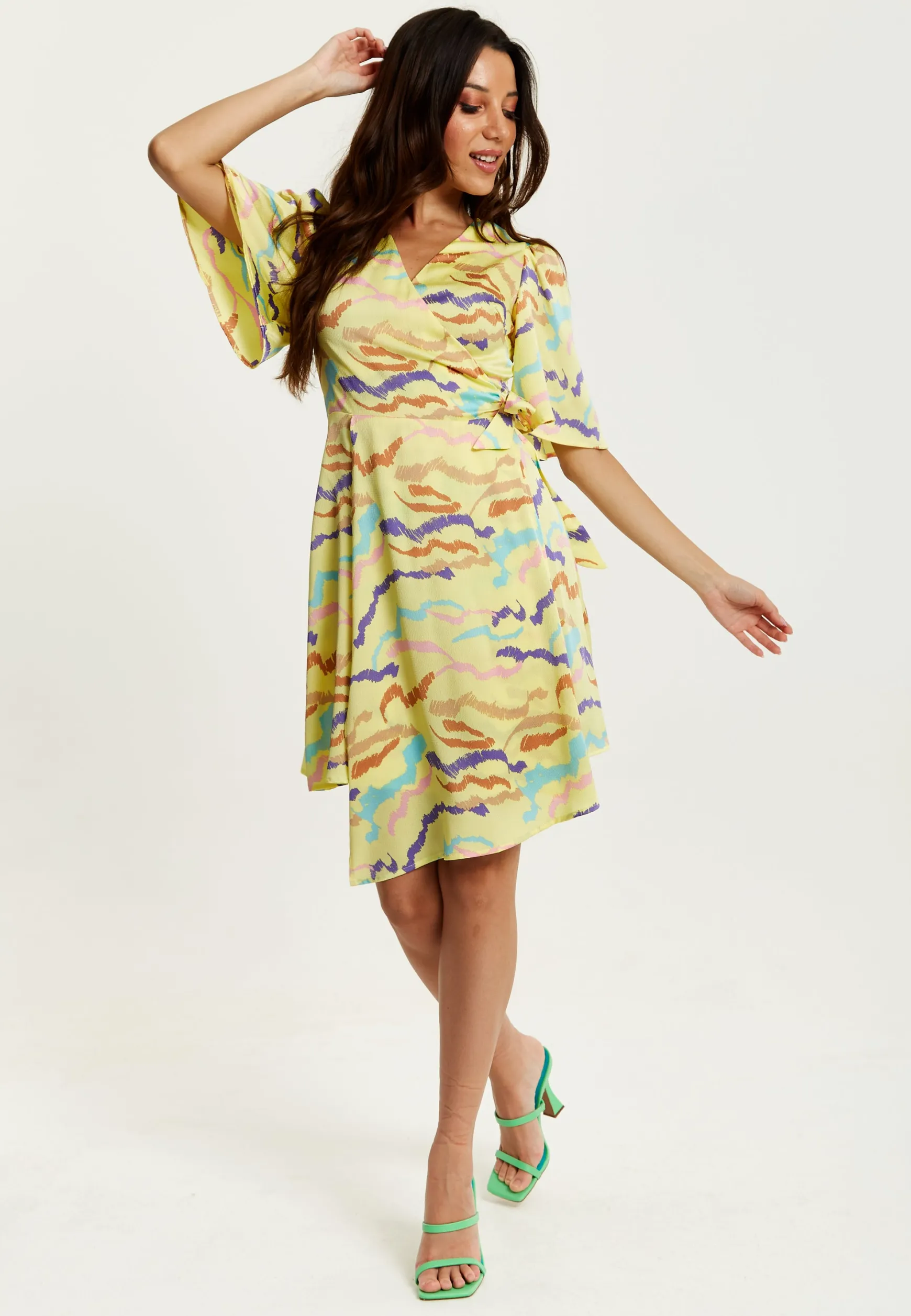 Women's Midi Wrap Dress in Yellow with Kimono Sleeves and Abstract Print - Stylish Design by Liquorish